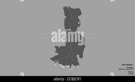 Area of Astrakhan', region of Russia, isolated on a solid background in a georeferenced bounding box. Labels. Bilevel elevation map. 3D rendering Stock Photo