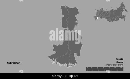 Shape of Astrakhan', region of Russia, with its capital isolated on solid background. Distance scale, region preview and labels. Bilevel elevation map Stock Photo