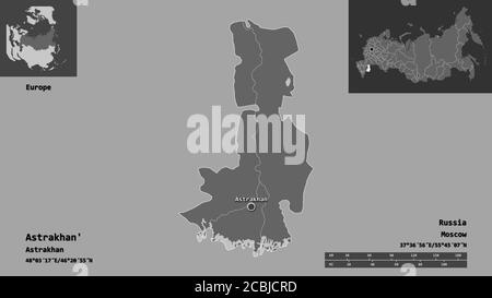 Shape of Astrakhan', region of Russia, and its capital. Distance scale, previews and labels. Bilevel elevation map. 3D rendering Stock Photo