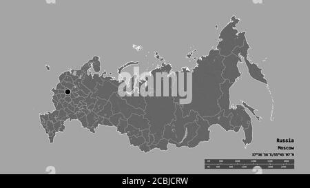 Desaturated shape of Russia with its capital, main regional division and the separated Astrakhan' area. Labels. Bilevel elevation map. 3D rendering Stock Photo