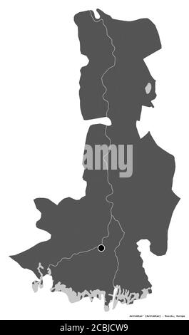 Shape of Astrakhan', region of Russia, with its capital isolated on white background. Bilevel elevation map. 3D rendering Stock Photo