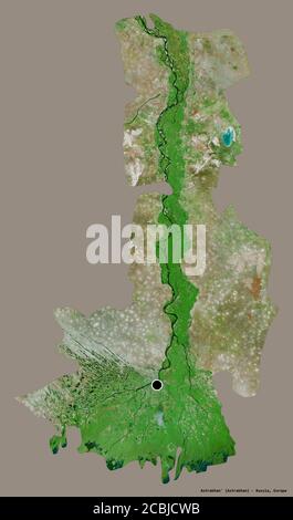 Shape of Astrakhan', region of Russia, with its capital isolated on a solid color background. Satellite imagery. 3D rendering Stock Photo