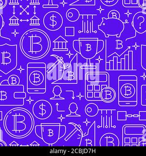 Bitcoin seamless pattern in thin line style. Digital money background with cryptocurrency symbols. Vector illustration. Stock Vector