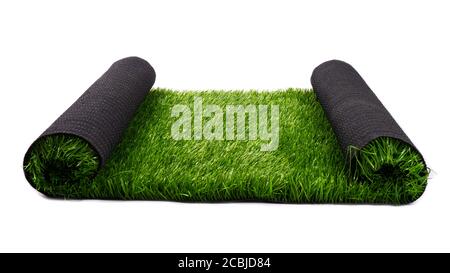 artificial turf roll, lawn, coating, green artificial grass isolated on white background. Stock Photo