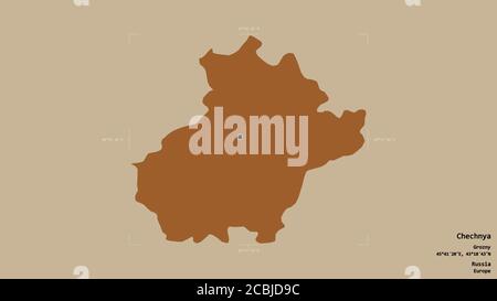 Area of Chechnya, republic of Russia, isolated on a solid background in a georeferenced bounding box. Labels. Composition of patterned textures. 3D re Stock Photo