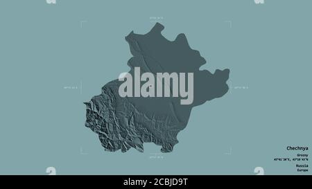 Area of Chechnya, republic of Russia, isolated on a solid background in a georeferenced bounding box. Labels. Colored elevation map. 3D rendering Stock Photo