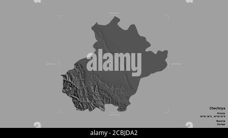 Area of Chechnya, republic of Russia, isolated on a solid background in a georeferenced bounding box. Labels. Bilevel elevation map. 3D rendering Stock Photo