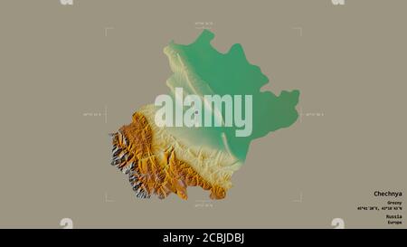 Area of Chechnya, republic of Russia, isolated on a solid background in a georeferenced bounding box. Labels. Topographic relief map. 3D rendering Stock Photo