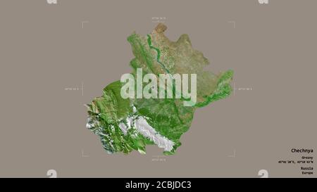 Area of Chechnya, republic of Russia, isolated on a solid background in a georeferenced bounding box. Labels. Satellite imagery. 3D rendering Stock Photo