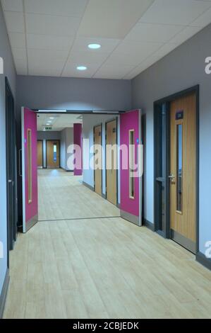 Deserted corridor in a brand new London secondary school, shows coloured fire doors and timber flooring. Stock Photo