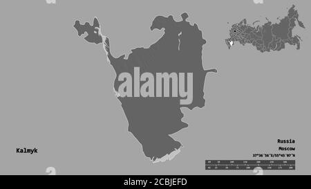 Shape of Kalmyk, republic of Russia, with its capital isolated on solid background. Distance scale, region preview and labels. Bilevel elevation map. Stock Photo