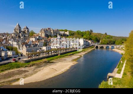 France, Loir et Cher, Loire Valley, Saint Aignan sur Cher, general view of the village on the banks of the Cher River (aerial view) // France, Loir-et Stock Photo
