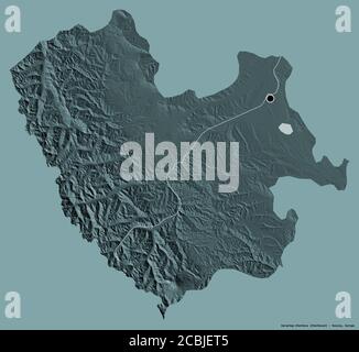 Shape of Karachay-Cherkess, republic of Russia, with its capital isolated on a solid color background. Colored elevation map. 3D rendering Stock Photo