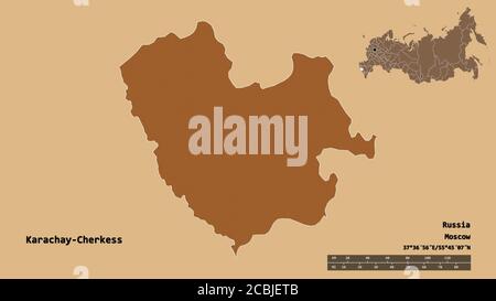Shape of Karachay-Cherkess, republic of Russia, with its capital isolated on solid background. Distance scale, region preview and labels. Composition Stock Photo