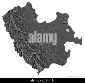Shape of Karachay-Cherkess, republic of Russia, with its capital isolated on white background. Bilevel elevation map. 3D rendering Stock Photo