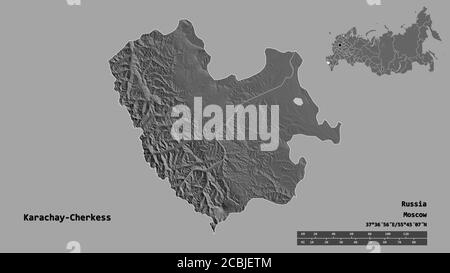 Shape of Karachay-Cherkess, republic of Russia, with its capital isolated on solid background. Distance scale, region preview and labels. Bilevel elev Stock Photo