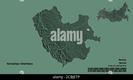 Shape of Karachay-Cherkess, republic of Russia, with its capital isolated on solid background. Distance scale, region preview and labels. Colored elev Stock Photo