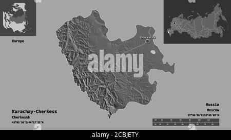 Shape of Karachay-Cherkess, republic of Russia, and its capital. Distance scale, previews and labels. Bilevel elevation map. 3D rendering Stock Photo