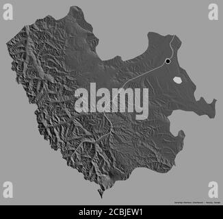 Shape of Karachay-Cherkess, republic of Russia, with its capital isolated on a solid color background. Bilevel elevation map. 3D rendering Stock Photo