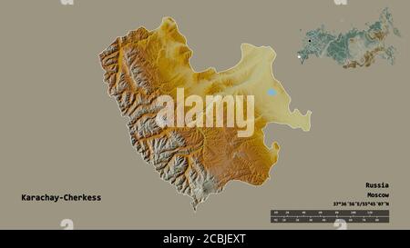 Shape of Karachay-Cherkess, republic of Russia, with its capital isolated on solid background. Distance scale, region preview and labels. Topographic Stock Photo