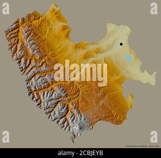 Shape of Karachay-Cherkess, republic of Russia, with its capital isolated on a solid color background. Topographic relief map. 3D rendering Stock Photo
