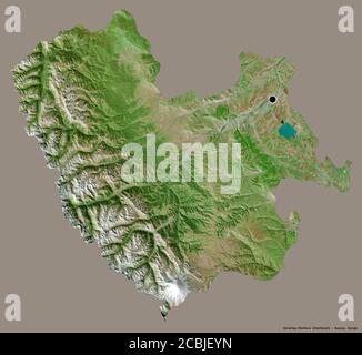 Shape of Karachay-Cherkess, republic of Russia, with its capital isolated on a solid color background. Satellite imagery. 3D rendering Stock Photo
