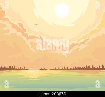 Sunset over the lake and fir forest on the coast. Stock Vector