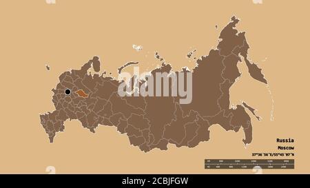 Desaturated shape of Russia with its capital, main regional division and the separated Kostroma area. Labels. Composition of regularly patterned textu Stock Photo