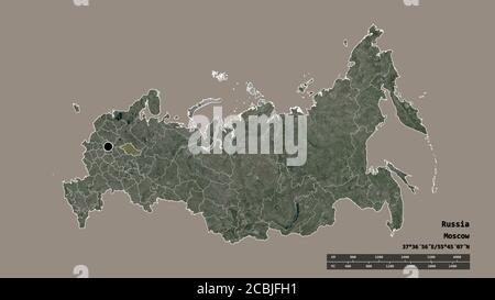 Desaturated shape of Russia with its capital, main regional division and the separated Kostroma area. Labels. Satellite imagery. 3D rendering Stock Photo