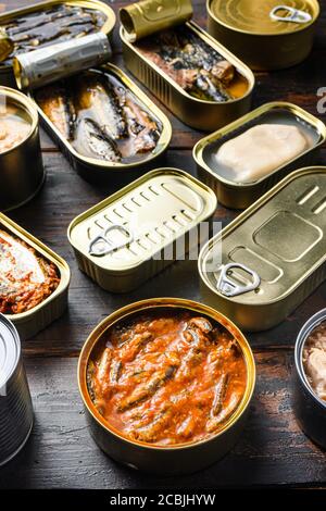 Conserves of canned fish with different types of seafood, opened and closed cans with Saury, mackerel, sprats, sardines, pilchard, squid, tuna, over Stock Photo