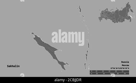 Shape of Sakhalin, region of Russia, with its capital isolated on solid background. Distance scale, region preview and labels. Bilevel elevation map. Stock Photo