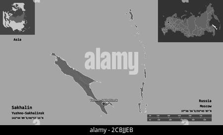 Shape of Sakhalin, region of Russia, and its capital. Distance scale, previews and labels. Bilevel elevation map. 3D rendering Stock Photo