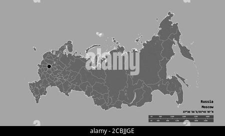 Desaturated shape of Russia with its capital, main regional division and the separated Sakhalin area. Labels. Bilevel elevation map. 3D rendering Stock Photo