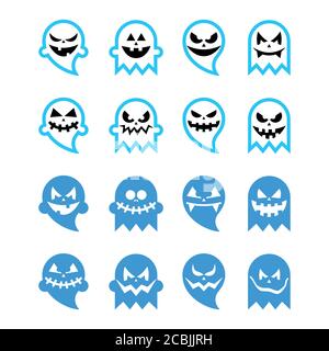 Halloween scary ghost vector black icons set - funny or scary ghosts design in blue Stock Vector