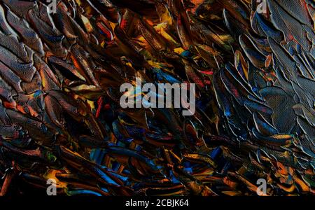 Acrylic dark, black, brown colors painted abstract on canvas. Hand drawn. Flatlay, overlay, backdrop, artwork, texture background concept. Copy space. Stock Photo