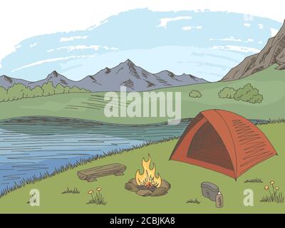 Camping graphic color mountain landscape sketch illustration vector Stock Vector
