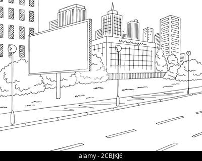 Road billboard graphic black white city landscape sketch illustration vector Stock Vector