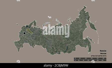 Desaturated shape of Russia with its capital, main regional division and the separated Vologda area. Labels. Satellite imagery. 3D rendering Stock Photo