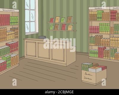 Book shop store interior graphic color sketch illustration vector Stock Vector