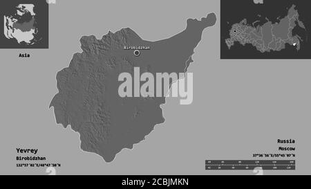 Shape of Yevrey, autonomous region of Russia, and its capital. Distance scale, previews and labels. Bilevel elevation map. 3D rendering Stock Photo