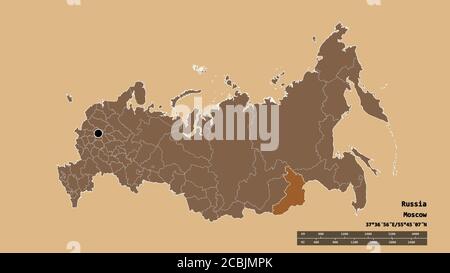 Desaturated shape of Russia with its capital, main regional division and the separated Zabaykal'ye area. Labels. Composition of regularly patterned te Stock Photo