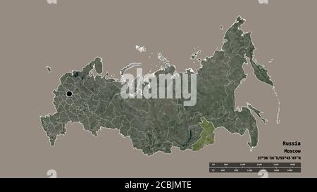 Desaturated shape of Russia with its capital, main regional division and the separated Zabaykal'ye area. Labels. Satellite imagery. 3D rendering Stock Photo