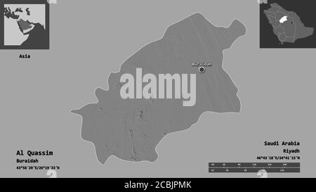 Shape of Al Quassim, region of Saudi Arabia, and its capital. Distance scale, previews and labels. Bilevel elevation map. 3D rendering Stock Photo