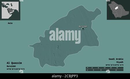 Shape of Al Quassim, region of Saudi Arabia, and its capital. Distance scale, previews and labels. Colored elevation map. 3D rendering Stock Photo