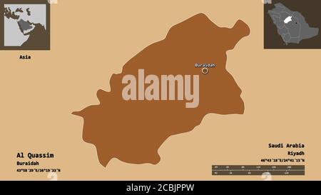 Shape of Al Quassim, region of Saudi Arabia, and its capital. Distance scale, previews and labels. Composition of patterned textures. 3D rendering Stock Photo