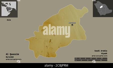 Shape of Al Quassim, region of Saudi Arabia, and its capital. Distance scale, previews and labels. Topographic relief map. 3D rendering Stock Photo