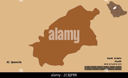 Shape of Al Quassim, region of Saudi Arabia, with its capital isolated on solid background. Distance scale, region preview and labels. Composition of Stock Photo