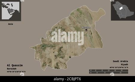 Shape of Al Quassim, region of Saudi Arabia, and its capital. Distance scale, previews and labels. Satellite imagery. 3D rendering Stock Photo