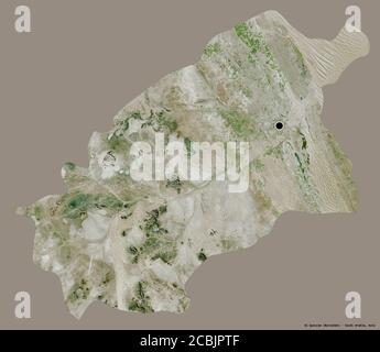 Shape of Al Quassim, region of Saudi Arabia, with its capital isolated on a solid color background. Satellite imagery. 3D rendering Stock Photo