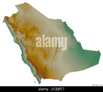 Shape of Saudi Arabia with its capital isolated on white background. Topographic relief map. 3D rendering Stock Photo